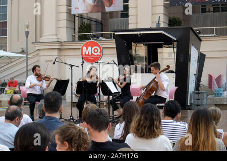 VIENNA, AUSTRIA - August 30, 2019: Viennese art pavilion and Mumok Museum. Musicians play a concert Stock Photo