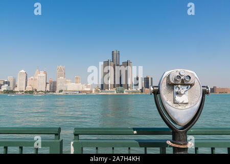 Skyline of Detroit, Michigan across the Detroit River with binocular viewer Stock Photo