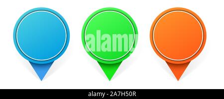 Set of vector location pins. Circle pins isolated. Colored infographic pointers. Stock Vector