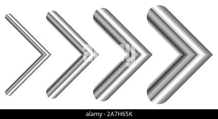 Set of metal arrows of different thicknesses. Vector silver arrows isolated. Chrome right Arrow Stock Vector