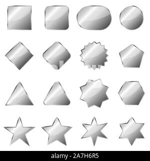 Set of silver banners isolated. Vector metal plates of different shapes. Glossy chrome buttons Stock Vector