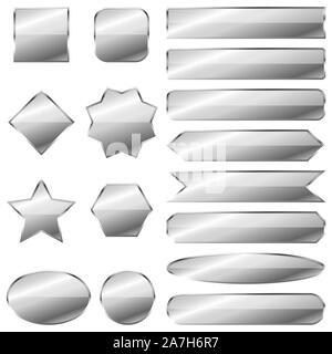 Set of silver banners isolated. Vector metal plates of different shapes. Glossy chrome buttons Stock Vector