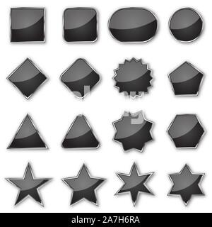 Set of black glossy banners isolated. Vector plates of different shapes. Glossy buttons with metal chrome frames Stock Vector