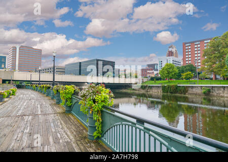 City skyline of Lansing, Michigan along the Grand River Stock Photo