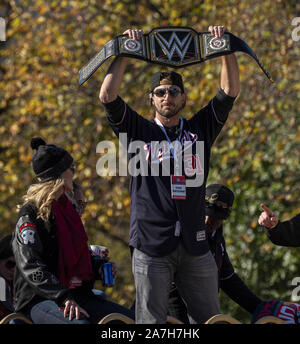 Washington, United States. 02nd Nov, 2019. Washington Nationals pitcher Max Scherzer, holds the championship belt as he rides in the parade after winning their first World Series over the Houston Astros with a 6-2 win Wednesday in Washington, DC on Saturday November 2, 2019. Photo by Ken Cedeno/UPI Credit: UPI/Alamy Live News Stock Photo