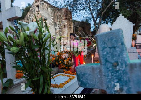 A Mexican woman carries red cockscomb flowers to the gravesite of relatives for Day of the Dead festival known in Spanish as Día de Muertos at the old cemetery October 31, 2013 in Xoxocotlan, Mexico.  The festival celebrates the lives of those that died. Stock Photo