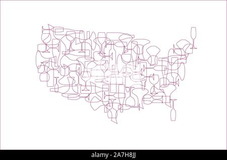 Countries winemakers - stylized maps from silhouettes of wine bottles, glasses and decanters. Map of United States. Stock Vector