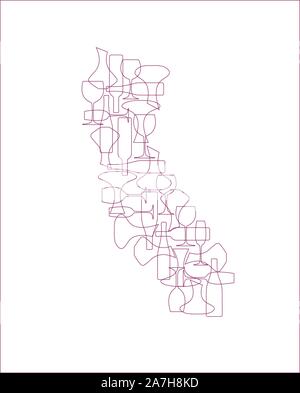 States winemakers - stylized maps from silhouettes of wine bottles, glasses and decanters. Map of California. Stock Vector