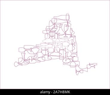 States winemakers - stylized maps from silhouettes of wine bottles, glasses and decanters. Map of New York. Stock Vector