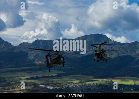 A CH-47 Chinook and UH-60 Blackhawk flies in formation to get ready for the official review of the 25th Infantry Division’s Soldiers, complete with flyover from 25th CAB helicopters Oct. 31, 2019 at Schofield Barracks, Hawaii. (U.S. Army Photo by Sgt. Sarah D. Sangster) Stock Photo