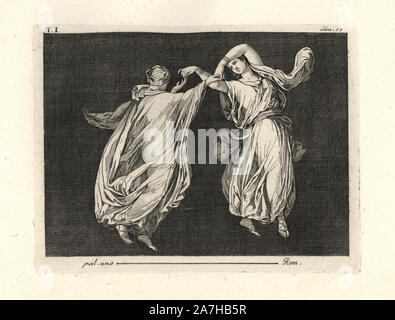 Painting removed from a wall of a room, possibly a triclinium or dining room, in a house in Pompeii in 1749. It shows two dancers in fine transparent robes of green and yellow, elegantly dancing together touching thumb and index fingers. Copperplate engraved by Tommaso Piroli from his own 'Antichita di Ercolano' (Antiquities of Herculaneum), Rome, 1789.  Italian artist and engraver Piroli (1752-1824) published six volumes between 1789 and 1807 documenting the murals and bronzes found in Heraculaneum and Pompeii. Stock Photo