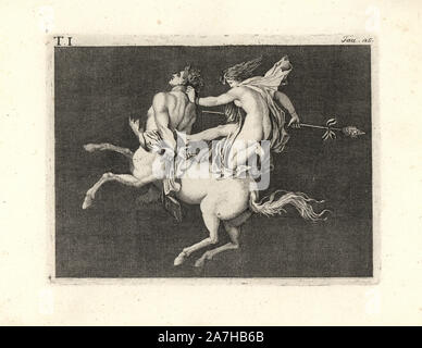Painting removed from a wall of a room, possibly a triclinium or dining room, in a house in Pompeii in 1749. It shows a bacchant subduing a charging centaur. She kneels on his rump, grabs his hair and beats him with a thyrsus or staff. The centaur has his hands tied behind his back. Copperplate engraved by Tommaso Piroli from his own 'Antichita di Ercolano' (Antiquities of Herculaneum), Rome, 1789.  Italian artist and engraver Piroli (1752-1824) published six volumes between 1789 and 1807 documenting the murals and bronzes found in Heraculaneum and Pompeii. Stock Photo