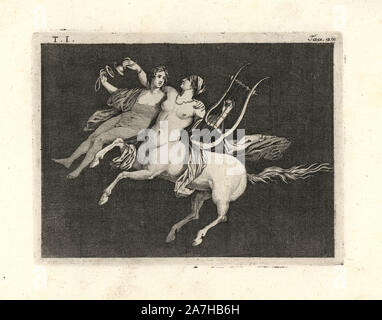 Painting removed from a wall of a room, possibly a triclinium or dining room, in a house in Pompeii in 1749. Centauress carrying a young man, playing the lyre with one hand and clashing cymbals with the other. Copperplate engraved by Tommaso Piroli from his own 'Antichita di Ercolano' (Antiquities of Herculaneum), Rome, 1789.  Italian artist and engraver Piroli (1752-1824) published six volumes between 1789 and 1807 documenting the murals and bronzes found in Heraculaneum and Pompeii. Stock Photo