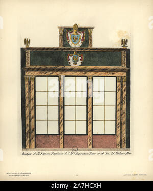 Shopfront of Monsieur Fargeon's perfumery to the Empress Josephine, Paris, circa 1800. Handcoloured lithograph from Hector-Martin Lefuel's 'Boutiques Parisiennes du Premier Empire,' (Parisian Stores of the First Empire), Paris, Albert Morance, 1925. The lithographs were reproduced from watercolors by the French architect Hector-Martin Lefuel (1810-1880), famous for his work on the completion of the Louvre and Fontainebleau. Stock Photo