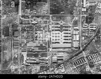 Aerial photo of Nakajima Aircraft Engine Plant, Musashino (Tokyo area), for bombing by U.S. 20th Air Force operations. 1945 Stock Photo