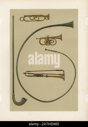 Lituus, buccina, cornet, and trumpets. Chromolithograph from an illustration by William Gibb from A.J. Hipkins' 'Musical Instruments, Historic, Rare and Unique,' Adam and Charles Black, Edinburgh, 1888. Alfred James Hipkins (1826-1903) was an English musicologist who specialized in the history of the pianoforte and other instruments. William Gibb was a master illustrator and chromolithographer and illustrated 'The Royal House of Stuart' (1890), 'Naval and Military Trophies' (1896), and others. Stock Photo