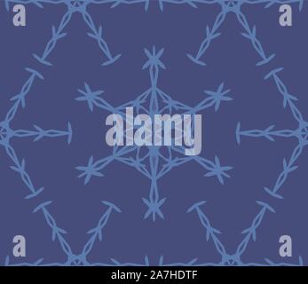 Geometric snowflake seamless vector. Monochrome blue background. Stock Vector