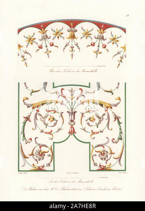 Murals from the Palazzo Imperiale (Ducal Palace), Mantua, painted in the 16th century. Handcoloured lithograph by Strauss from an illustration by Wilhelm Zahn in his own 'Ornamente aller klassischen Kunst-Epochen nach den Originalen in ihren eigenthumlichen Farben dargestellt' (Ornaments of all classical art epochs after the originals and depicted in their proper colours.), Dietrich Reimer, Berlin, 1870. It includes interior decorations by Giulio Romano in the Palazzo del Te, Mantua, medieval mosaics in Sicily, and Roman wall paintings from Pompeii and Herculaneum. Wilhelm Zahn (1800-1871) was Stock Photo