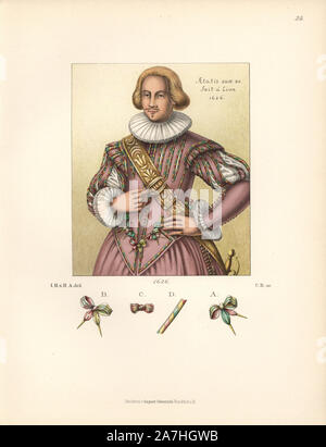 Portrait of young man from an oil painting, 20 years old in the year 1626 in Lyon. Wearing lace ruff collar and cuffs, doublet decorated with ribbons in pink, yellow and green. Chromolithograph from Hefner-Alteneck's 'Costumes, Artworks and Appliances from the Middle Ages to the 17th Century,' Frankfurt, 1889. Illustration by Dr. Jakob Heinrich von Hefner-Alteneck, lithographed by CB, and published by Heinrich Keller. Dr. Hefner-Alteneck (1811 - 1903) was a German museum curator, archaeologist, art historian, illustrator and etcher. Stock Photo