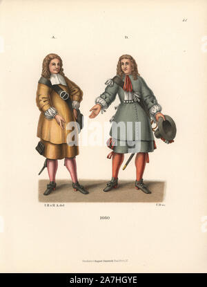 Men in mid-17th century costume. Chromolithograph from Hefner-Alteneck's 'Costumes, Artworks and Appliances from the Middle Ages to the 17th Century,' Frankfurt, 1889. Illustration by Dr. Jakob Heinrich von Hefner-Alteneck, lithograph by CB and published by Heinrich Keller. Dr. Hefner-Alteneck (1811 - 1903) was a German curator, archaeologist, art historian, illustrator and etcher. Stock Photo