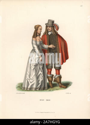 Dutch couple in fashions of the end of the 30 Years War, from an oil painting of a pleasure garden by Palamedes Steevens. Chromolithograph from Hefner-Alteneck's 'Costumes, Artworks and Appliances from the Middle Ages to the 17th Century,' Frankfurt, 1889. Illustration by Dr. Jakob Heinrich von Hefner-Alteneck, lithograph by CW and published by Heinrich Keller. Dr. Hefner-Alteneck (1811 - 1903) was a German curator, archaeologist, art historian, illustrator and etcher. Stock Photo