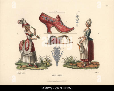 Women in the fashions of the mid-18th century. A woman in the French mode of the period, with high bonnet and full skirts, and a female cook with apron and ham. In the middle, a red leather shoe with silver buckles, and an undershoe below. Chromolithograph from Hefner-Alteneck's 'Costumes, Artworks and Appliances from the Middle Ages to the 18th Century,' Frankfurt, 1889. Illustration by Dr. Jakob Heinrich von Hefner-Alteneck, lithographed by Joh. Klipphahn, and published by Heinrich Keller. Dr. Hefner-Alteneck (1811 - 1903) was a German museum curator, archaeologist, art historian, illustrato Stock Photo