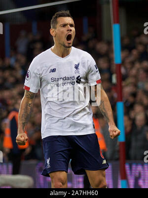 Birmingham. 3rd Nov, 2019. Liverpool's Dejan Lovren celebrates in injury time during the English Premier League match between Aston Villa and Liverpool in Birmingham, Britain on Nov. 2, 2019. FOR EDITORIAL USE ONLY. NOT FOR SALE FOR MARKETING OR ADVERTISING CAMPAIGNS. NO USE WITH UNAUTHORIZED AUDIO, VIDEO, DATA, FIXTURE LISTS, CLUB/LEAGUE LOGOS OR 'LIVE' SERVICES. ONLINE IN-MATCH USE LIMITED TO 45 IMAGES, NO VIDEO EMULATION. NO USE IN BETTING, GAMES OR SINGLE CLUB/LEAGUE/PLAYER PUBLICATIONS. Credit: Xinhua/Alamy Live News Stock Photo