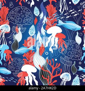 Seamless sea pattern with jellyfish and fish on dark background with algae Stock Vector
