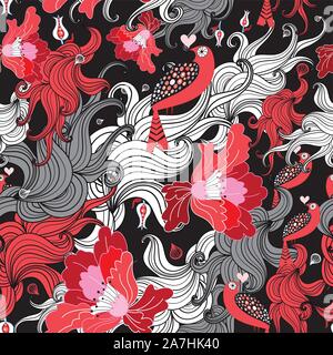 Beautiful seamless pattern with lovers, birds and flowers on a black background Stock Vector
