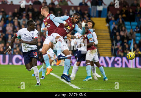 Birmingham. 3rd Nov, 2019. Liverpool's Sadio Mane (L) scores a goal in injury time during the English Premier League match between Aston Villa and Liverpool in Birmingham, Britain on Nov. 2, 2019. FOR EDITORIAL USE ONLY. NOT FOR SALE FOR MARKETING OR ADVERTISING CAMPAIGNS. NO USE WITH UNAUTHORIZED AUDIO, VIDEO, DATA, FIXTURE LISTS, CLUB/LEAGUE LOGOS OR 'LIVE' SERVICES. ONLINE IN-MATCH USE LIMITED TO 45 IMAGES, NO VIDEO EMULATION. NO USE IN BETTING, GAMES OR SINGLE CLUB/LEAGUE/PLAYER PUBLICATIONS. Credit: Xinhua/Alamy Live News Stock Photo