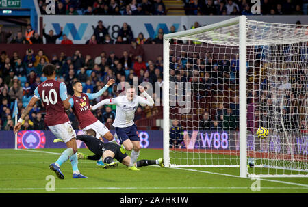 Birmingham. 3rd Nov, 2019. Liverpool's Andrew Robertson (R) celebrates after scoring a goal during the English Premier League match between Aston Villa and Liverpool in Birmingham, Britain on Nov. 2, 2019. FOR EDITORIAL USE ONLY. NOT FOR SALE FOR MARKETING OR ADVERTISING CAMPAIGNS. NO USE WITH UNAUTHORIZED AUDIO, VIDEO, DATA, FIXTURE LISTS, CLUB/LEAGUE LOGOS OR 'LIVE' SERVICES. ONLINE IN-MATCH USE LIMITED TO 45 IMAGES, NO VIDEO EMULATION. NO USE IN BETTING, GAMES OR SINGLE CLUB/LEAGUE/PLAYER PUBLICATIONS. Credit: Xinhua/Alamy Live News Stock Photo