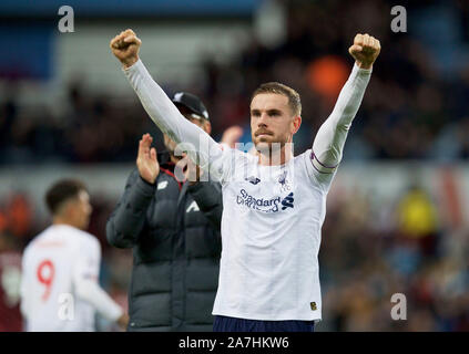 Birmingham. 3rd Nov, 2019. Liverpool's captain Jordan Henderson celebrates victory after the English Premier League match between Aston Villa and Liverpool in Birmingham, Britain on Nov. 2, 2019. FOR EDITORIAL USE ONLY. NOT FOR SALE FOR MARKETING OR ADVERTISING CAMPAIGNS. NO USE WITH UNAUTHORIZED AUDIO, VIDEO, DATA, FIXTURE LISTS, CLUB/LEAGUE LOGOS OR 'LIVE' SERVICES. ONLINE IN-MATCH USE LIMITED TO 45 IMAGES, NO VIDEO EMULATION. NO USE IN BETTING, GAMES OR SINGLE CLUB/LEAGUE/PLAYER PUBLICATIONS. Credit: Xinhua/Alamy Live News Stock Photo