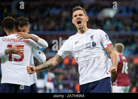 Birmingham. 3rd Nov, 2019. Liverpool's Dejan Lovren celebrates in injury time during the English Premier League match between Aston Villa and Liverpool in Birmingham, Britain on Nov. 2, 2019. FOR EDITORIAL USE ONLY. NOT FOR SALE FOR MARKETING OR ADVERTISING CAMPAIGNS. NO USE WITH UNAUTHORIZED AUDIO, VIDEO, DATA, FIXTURE LISTS, CLUB/LEAGUE LOGOS OR 'LIVE' SERVICES. ONLINE IN-MATCH USE LIMITED TO 45 IMAGES, NO VIDEO EMULATION. NO USE IN BETTING, GAMES OR SINGLE CLUB/LEAGUE/PLAYER PUBLICATIONS. Credit: Xinhua/Alamy Live News Stock Photo