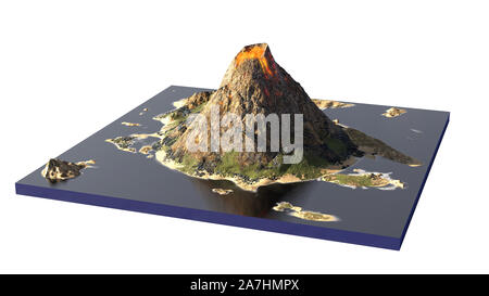 volcano erupts lava, cross section model of an island with volcanism isolated on white background Stock Photo