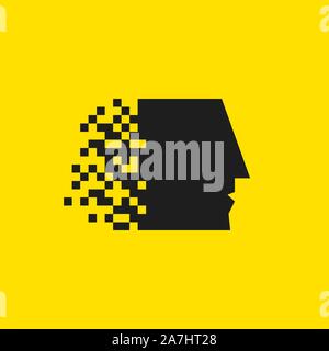 Head with pixel logo, human digital brain icon, black vector mind sign, infirmation and development, abstract business concept Stock Vector