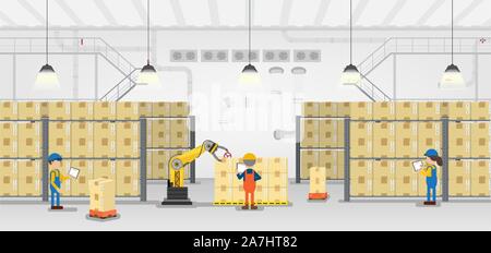 Warehouse in process with workers working flat design vector illustration Stock Vector