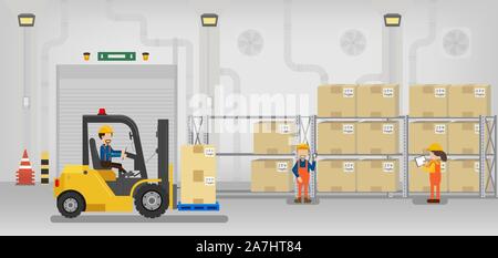 Warehouse in process with workers working flat design vector illustration Stock Vector