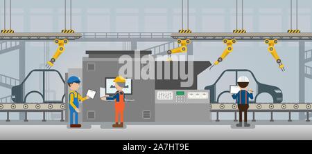 Automation automobile factory concept with robot assembly line in car factory vector illustration Stock Vector