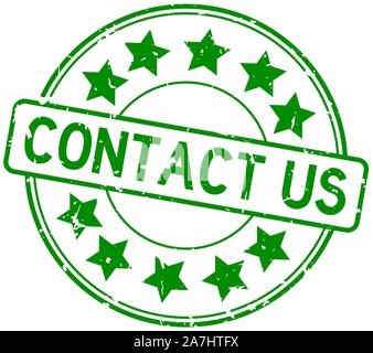 Grunge green contact us word with star icon round rubber seal stamp on white background Stock Vector