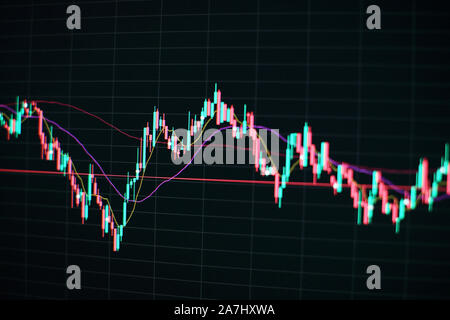 Investment, trade, stock, finance and analysis concept. Business chart with uptrend line graph, bar chart and stock market on blue color background Stock Photo