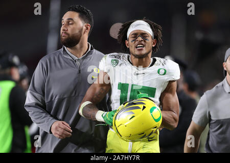 November 2, 2019: Oregon Ducks safety Nick Pickett (16) its escorted from the game after being ejected during the game between the Oregon Ducks and the USC Trojans at the Los Angeles Memorial Coliseum, Los Angeles, CA USA (Photo by Peter Joneleit/Cal Sport Media) Stock Photo