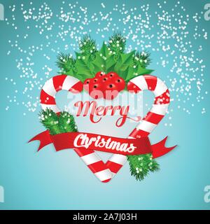 Christmas candy cane with holly and red ribbon. Vector illustration Stock Vector