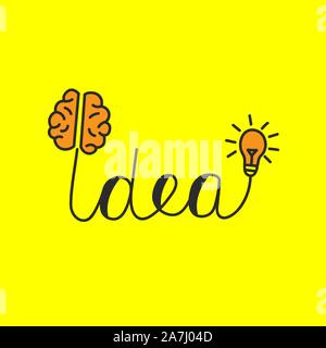 Idea concept, sketch of word idea with lamp and brain, vector creative icon Stock Vector