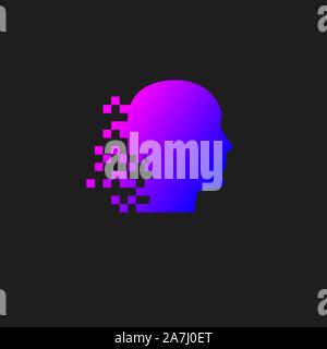 Head with pixel logo, human digital brain icon, color vector mind sign, infirmation and development, abstract business concept Stock Vector