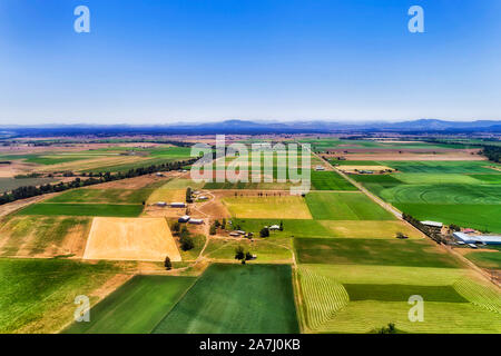Green farm fields with irrigation and cultivation on shores of Hunter river in Hunter valley region of Australia around farm house under blue sky on a Stock Photo