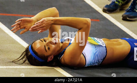 Great Britain's Katarina Johnson-Thompson after competing during Day 1 of the Glasgow 2019 European Athletics Indoor Championships, at the Emirates Arena. Iain McGuinness / Alamy Live News Stock Photo