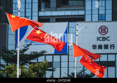 Red Chinese flags set up on a main road in Shenzhen city, south China's Guangdong province, 22 September 2019. Stock Photo