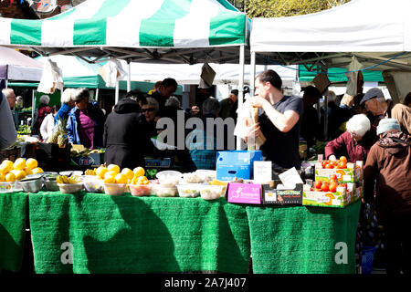 fresh fruit and vegetables for sell on market stall at Guildhall Square Stock Photo