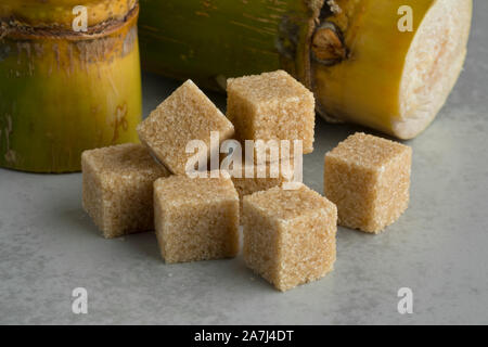 Cane sugar cubes and fresh sugar cane in the background Stock Photo