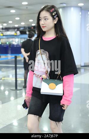 Chinese actress Landi Li arrives at the Beijing Capital International Airport before departure in Beijing, China, 4 September 2019.   Bag: Danse Lente Stock Photo